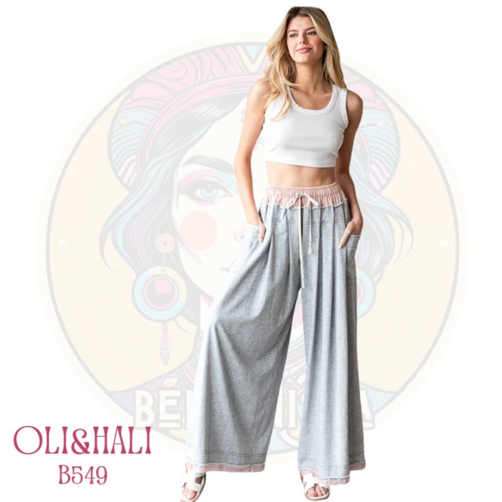B549 OLI & HALI Grey Pink Twofer Waistband Wide Leg Sweatpants